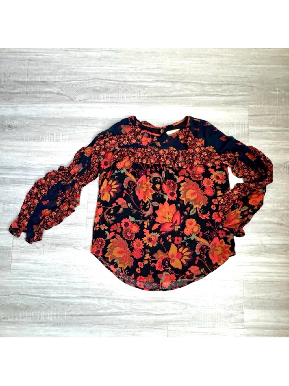 Floral Semi Sheer Ruffle Long Sleeve Blouse M Whimsigoth Fairy Boho Cottagecore